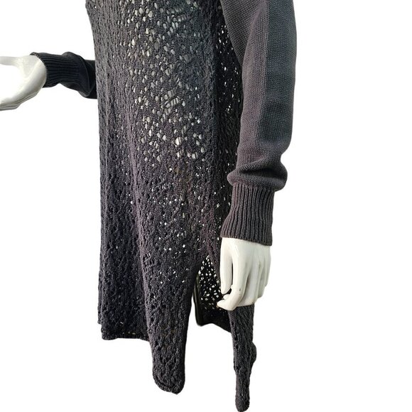 Heather B Open Knit Tunic Sweater Womens Sz L Long Slv Scoop Neck Slit Hem Gray - Picture 6 of 9
